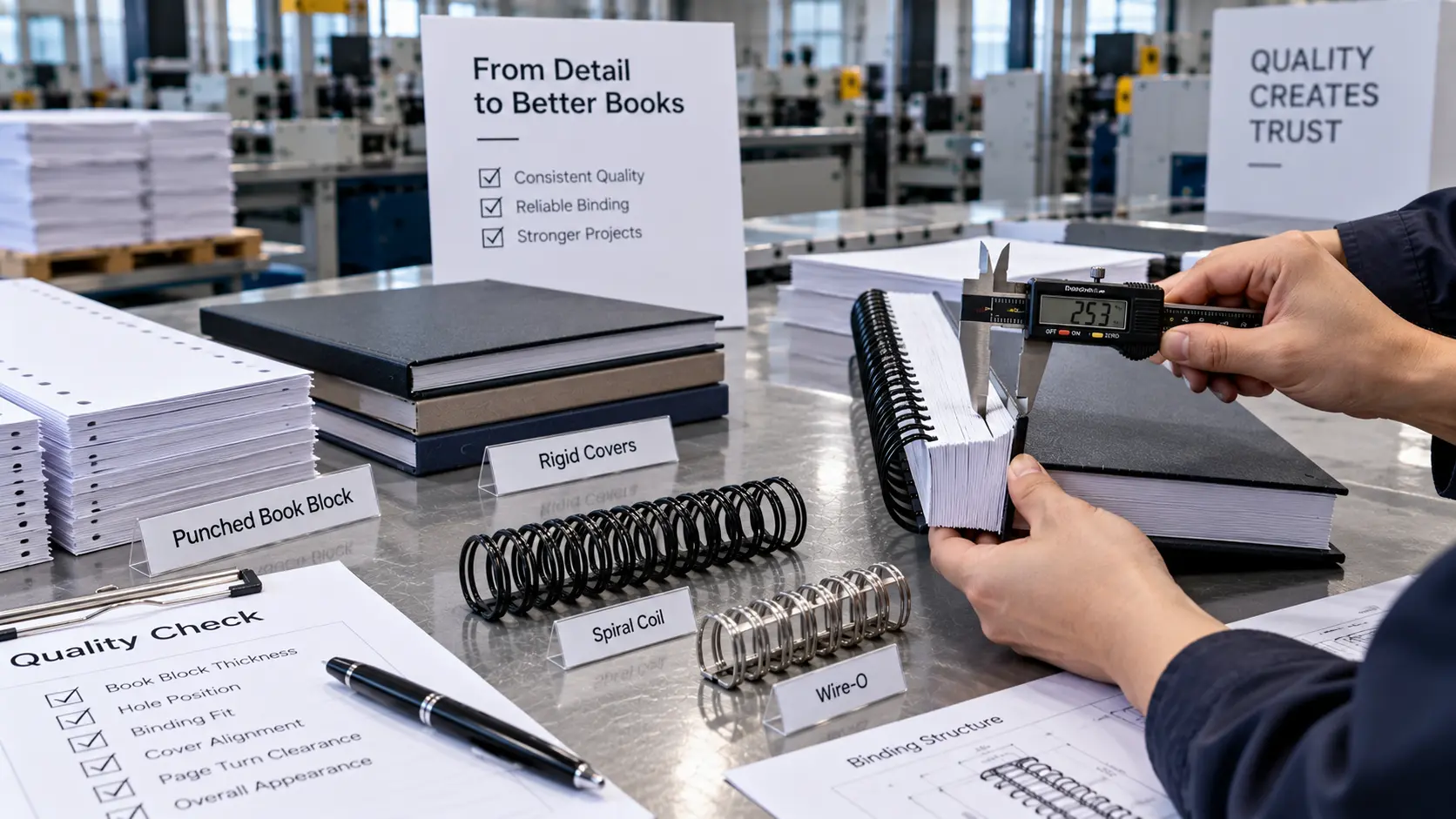 Quality control for thick document binding with measured book block and sample spines Allowed English labels inside image: Measure; Punch; Bind; Inspect Quality control for thick document binding with measured book block and sample spines Allowed English labels inside image: Measure; Punch; Bind; Inspect